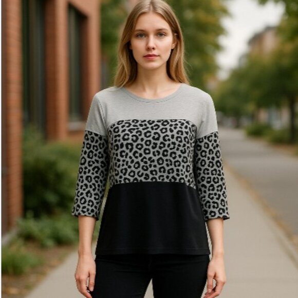 Belle by Kim Gravel Tops - Belle Kim Gravel TripleLuxe 3/4 Sleeve Color Block Top – Black Leopard Print Lg.